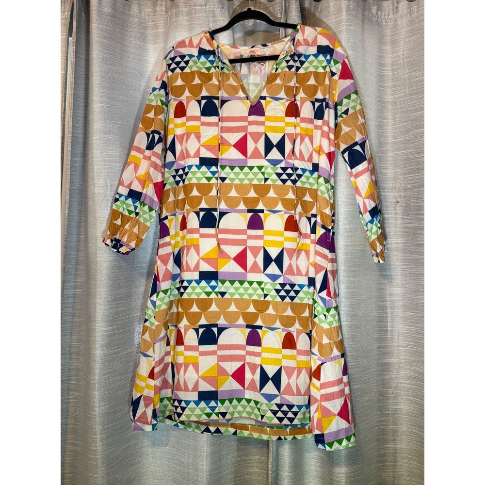 Sunshine Tienda Geometric Print Long Sleeve Pocket Shift Dress Small Multi-Color